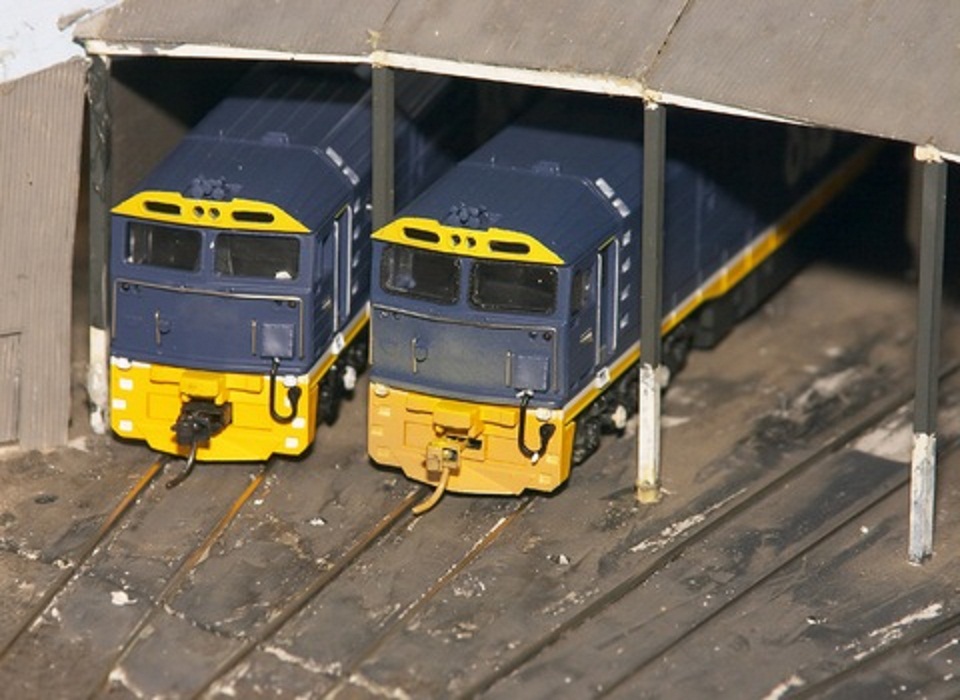 locomotive engines in train shed for repairs